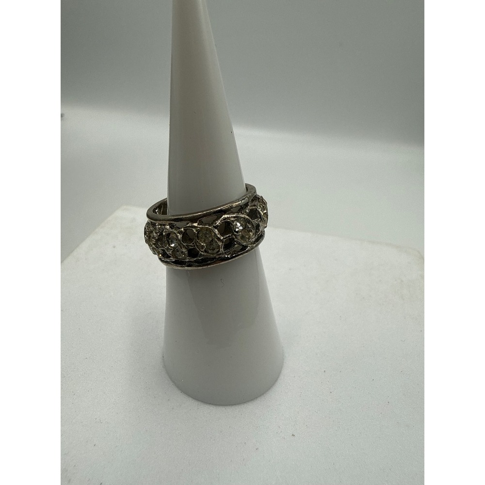 Vintage Silver Tone Rhinestone Eternity Band Ring Size 5.5 Textured Openwork
